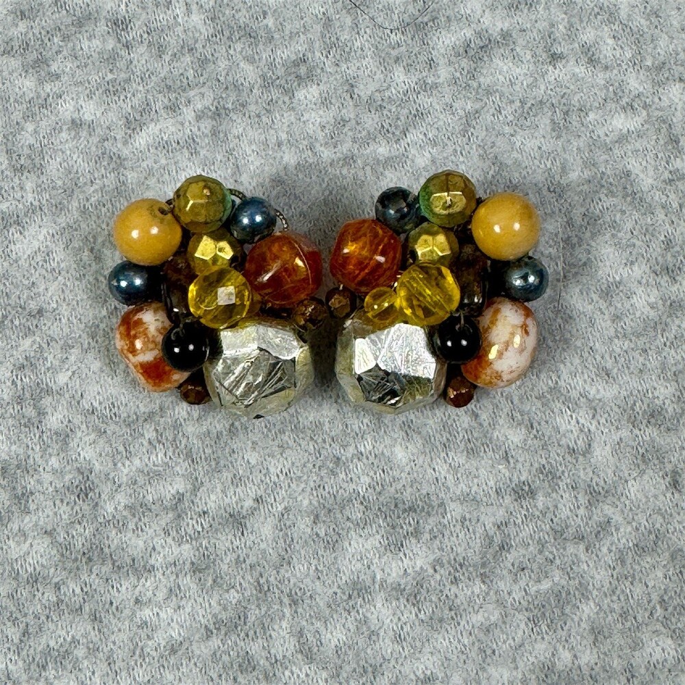 Vintage Beaded Cluster Clip-On Earrings Multicolor